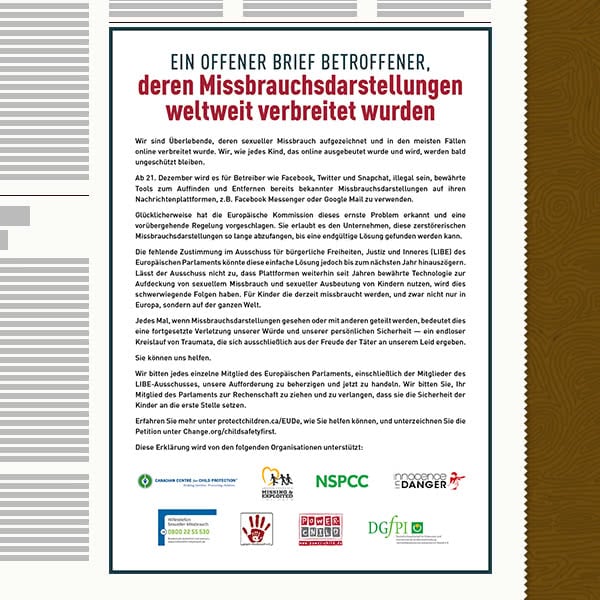An illustration of an open letter from survivors in a German newspaper, with logos showing support from numerous child protection agencies from around the world.